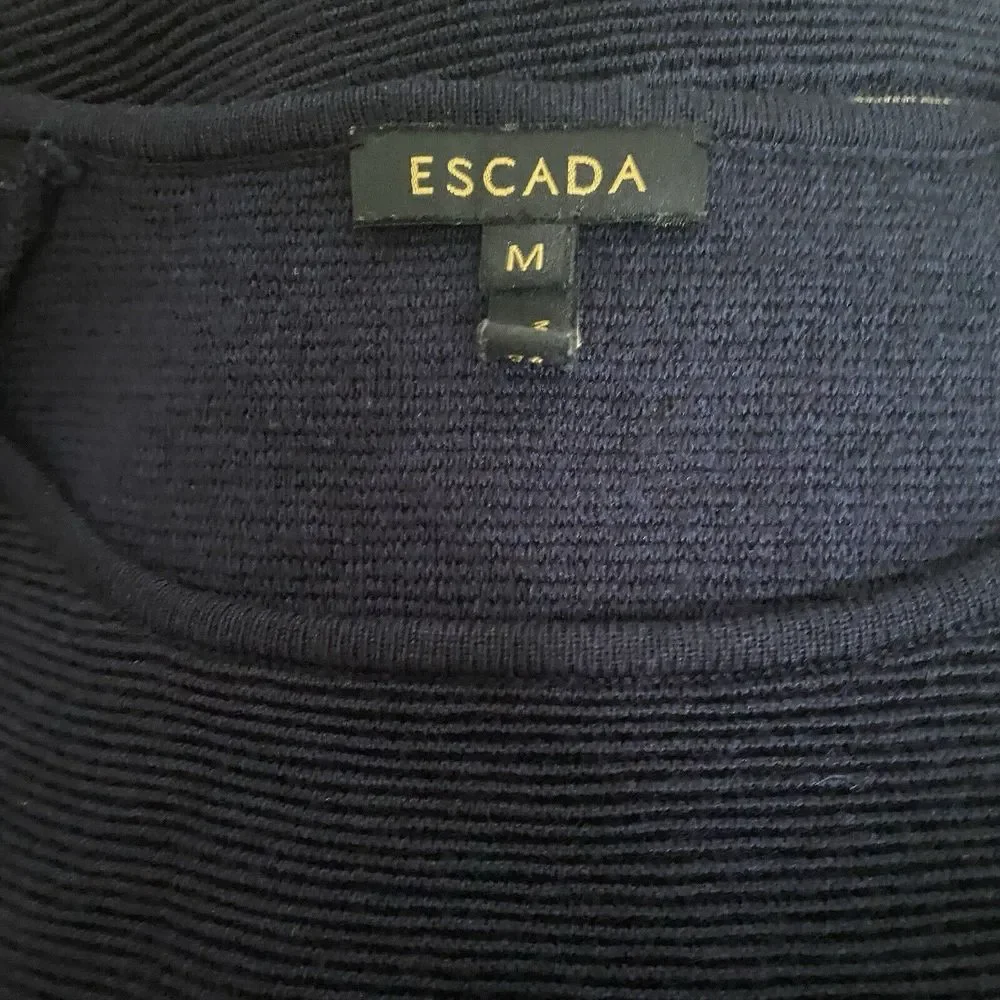 Escada Knit Sweater Womens Size‎ Medium Navy Stripe Short Sleeve Wool Silk